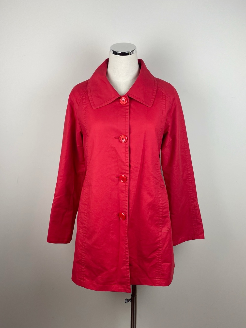 Pendleton Solid Red Polka Dot Lining Button Front Collared Trench Coat Small